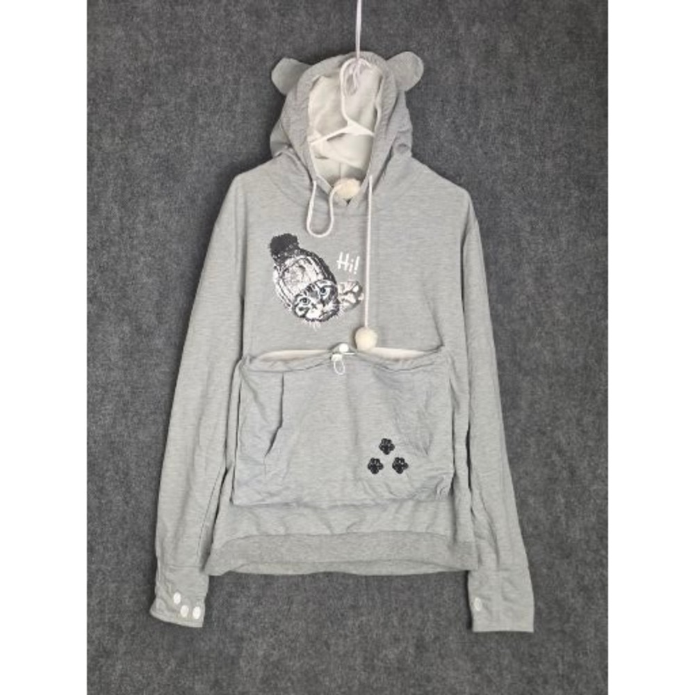 Cute‎ Cat Ear Hoodie Gray Graphic Print Pullover Kawaii Pet Pouch Sweater Sz XL